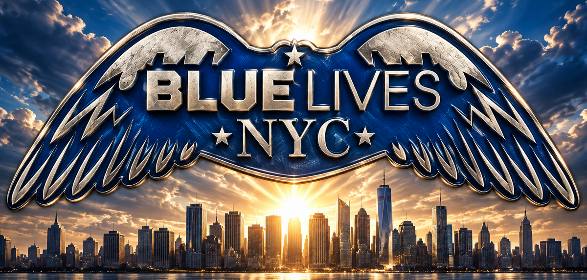 Metallic Blue Lives NYC winged logo with sunrise over New York City skyline